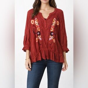 Free People Serafina Floral Embroidered Crochet Top in Red - Size Small
